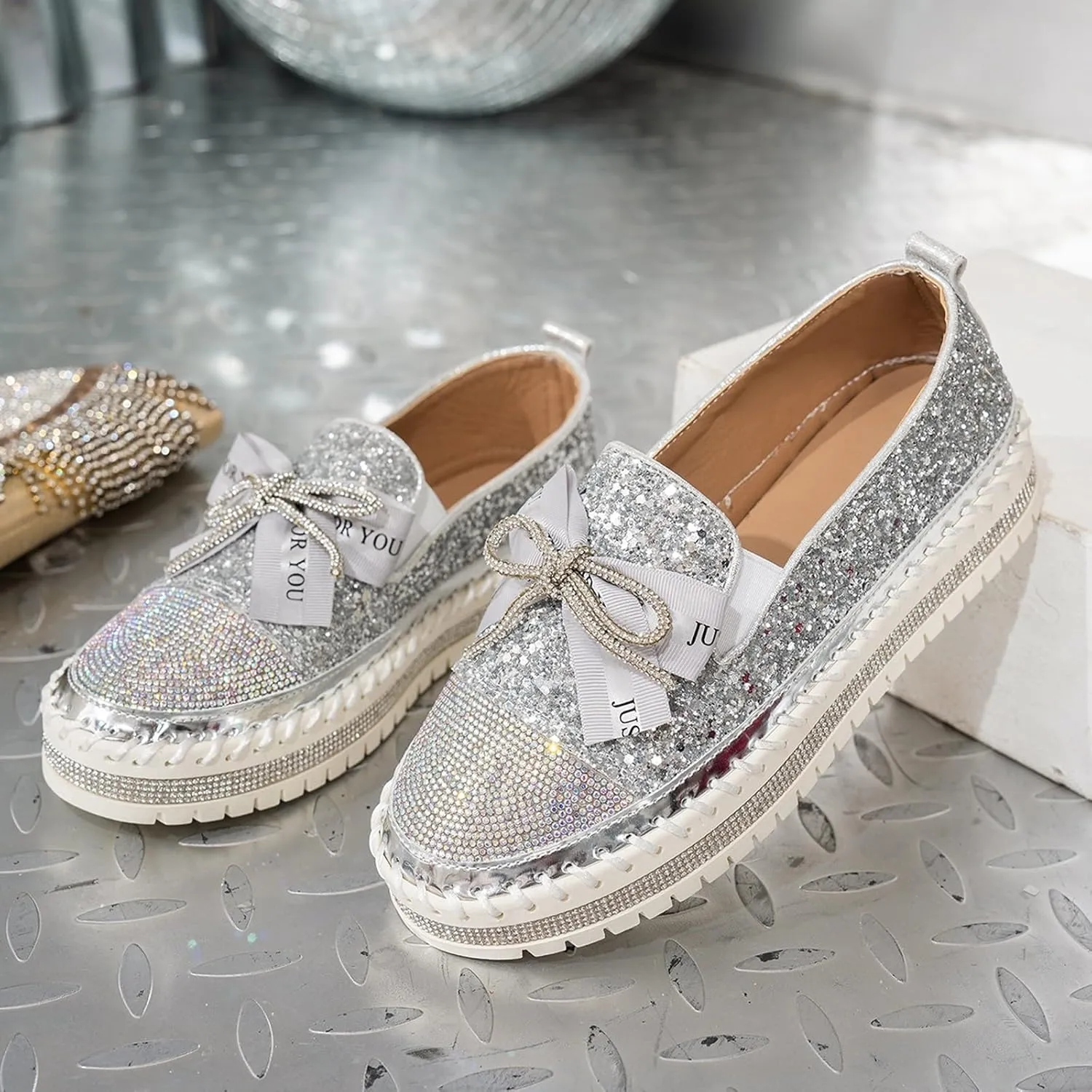 Women's Platform Shoes Slip On Rhinestone Sneakers