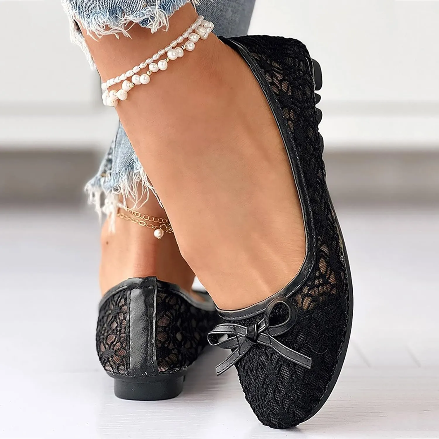 Women’s Slip-on Loafers Women Hollow Embroidery Bowknot Front Work Loafers Casual Shoes