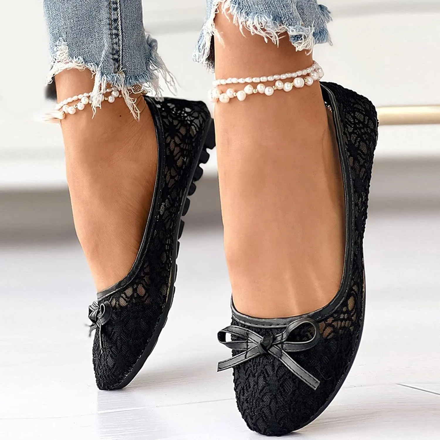 Women’s Slip-on Loafers Women Hollow Embroidery Bowknot Front Work Loafers Casual Shoes