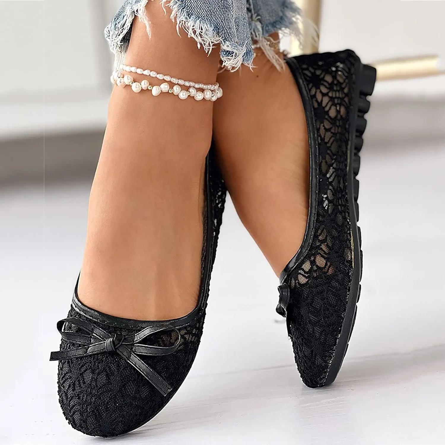 Women’s Slip-on Loafers Women Hollow Embroidery Bowknot Front Work Loafers Casual Shoes