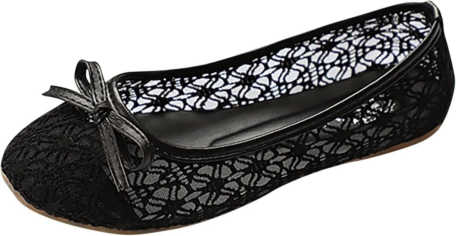 Women’s Slip-on Loafers Women Hollow Embroidery Bowknot Front Work Loafers Casual Shoes