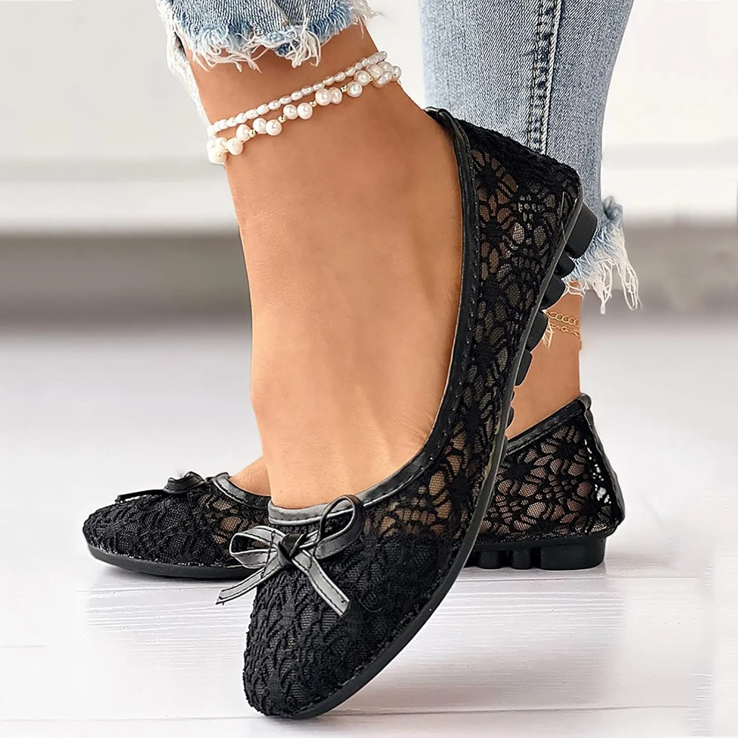 Women’s Slip-on Loafers Women Hollow Embroidery Bowknot Front Work Loafers Casual Shoes