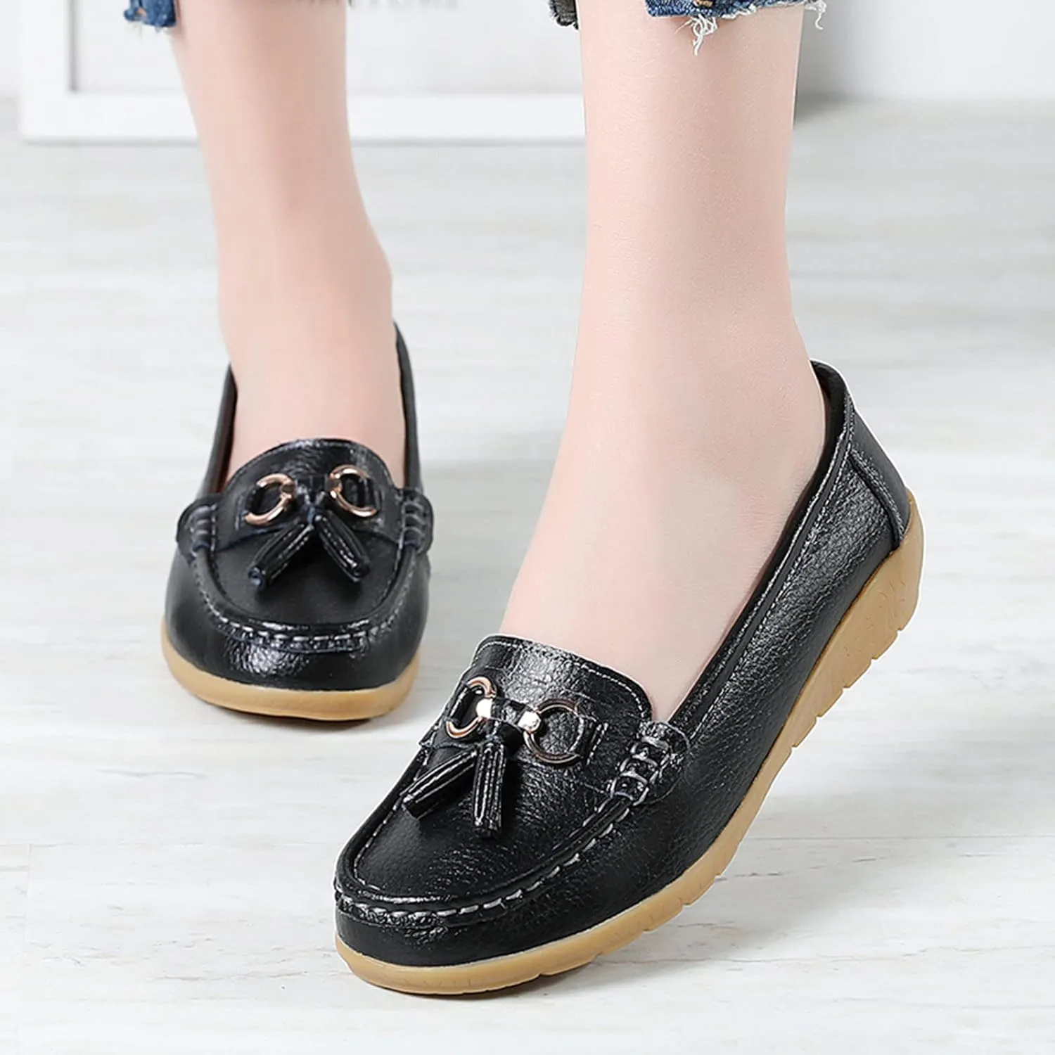 Women’s Slip-on Loafers Womens Walking Flat Loafer Slip On Leather Loafer Comfortable Flat Shoes Outdoor Driving Shoes