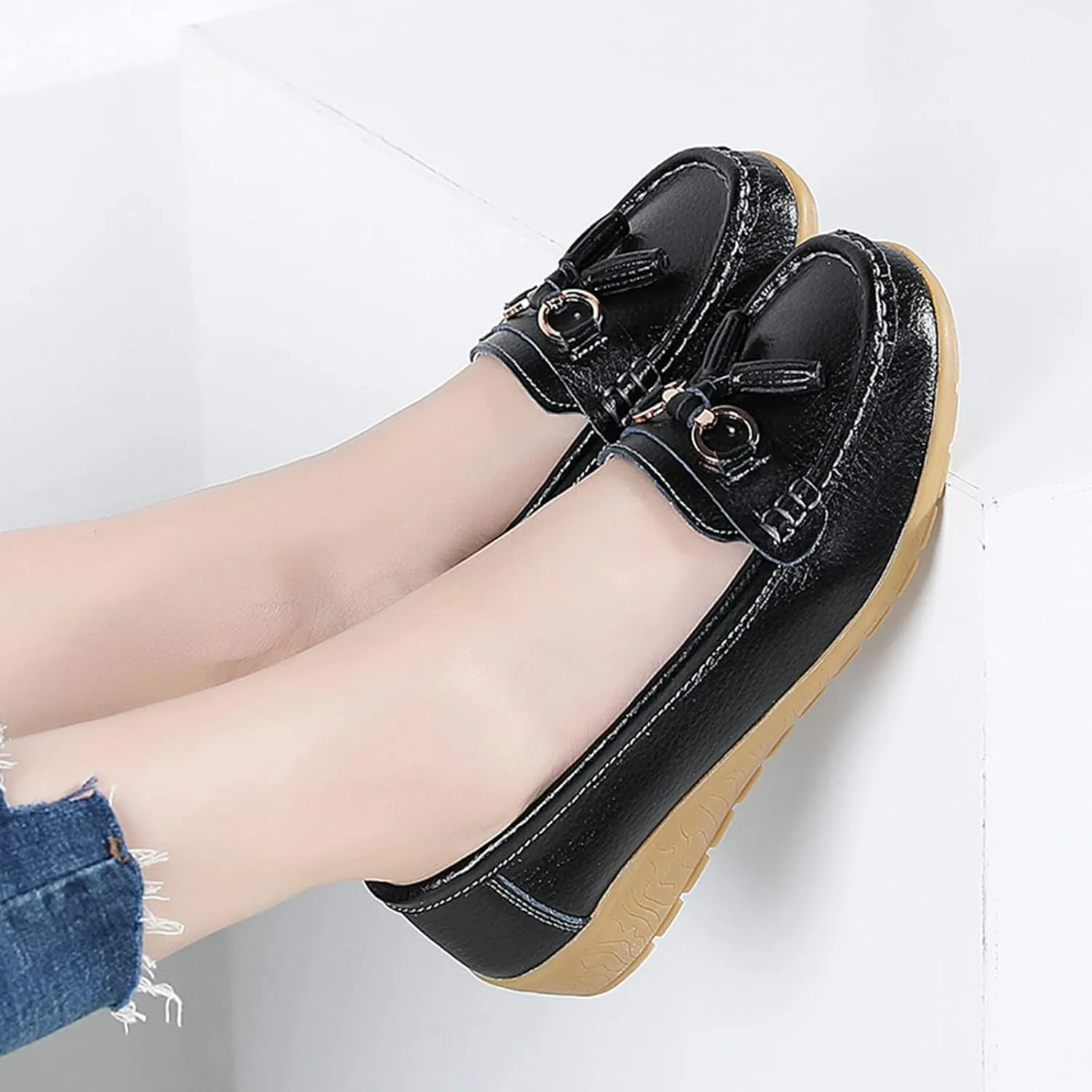 Women’s Slip-on Loafers Womens Walking Flat Loafer Slip On Leather Loafer Comfortable Flat Shoes Outdoor Driving Shoes