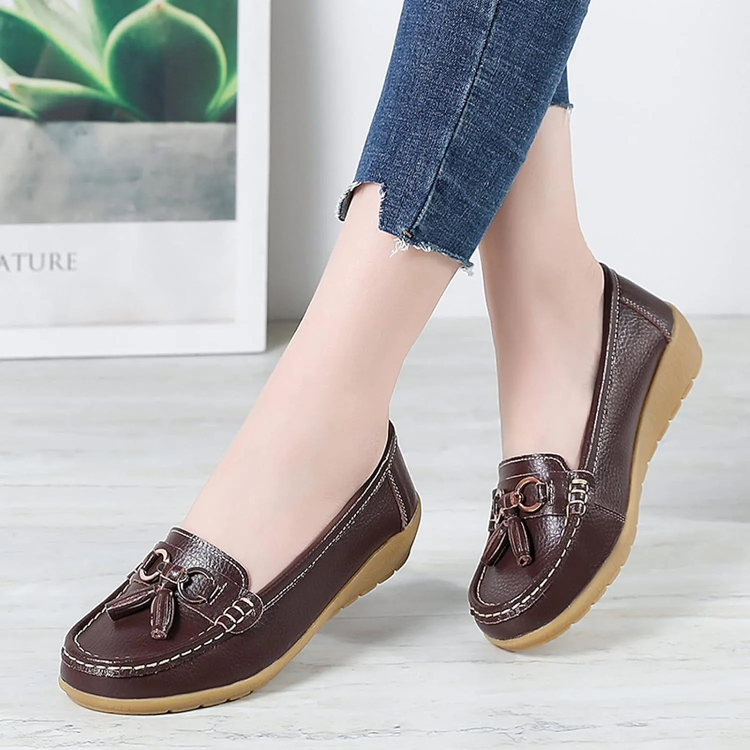 Women’s Slip-on Loafers Womens Walking Flat Loafer Slip On Leather Loafer Comfortable Flat Shoes Outdoor Driving Shoes