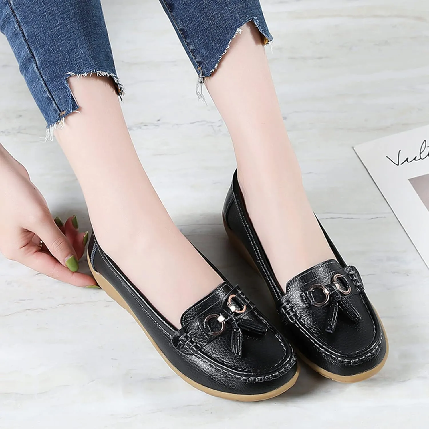 Women’s Slip-on Loafers Womens Walking Flat Loafer Slip On Leather Loafer Comfortable Flat Shoes Outdoor Driving Shoes