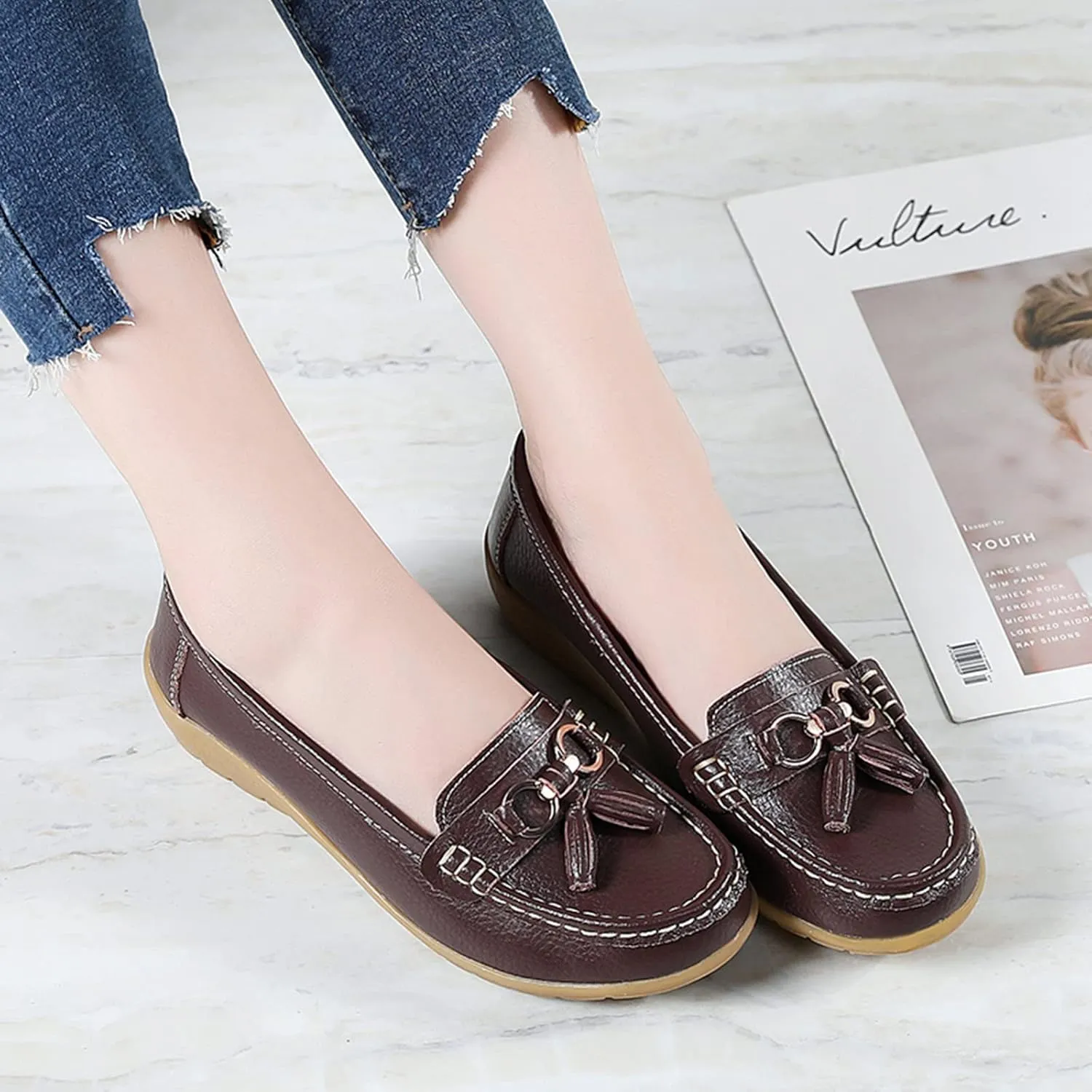 Women’s Slip-on Loafers Womens Walking Flat Loafer Slip On Leather Loafer Comfortable Flat Shoes Outdoor Driving Shoes