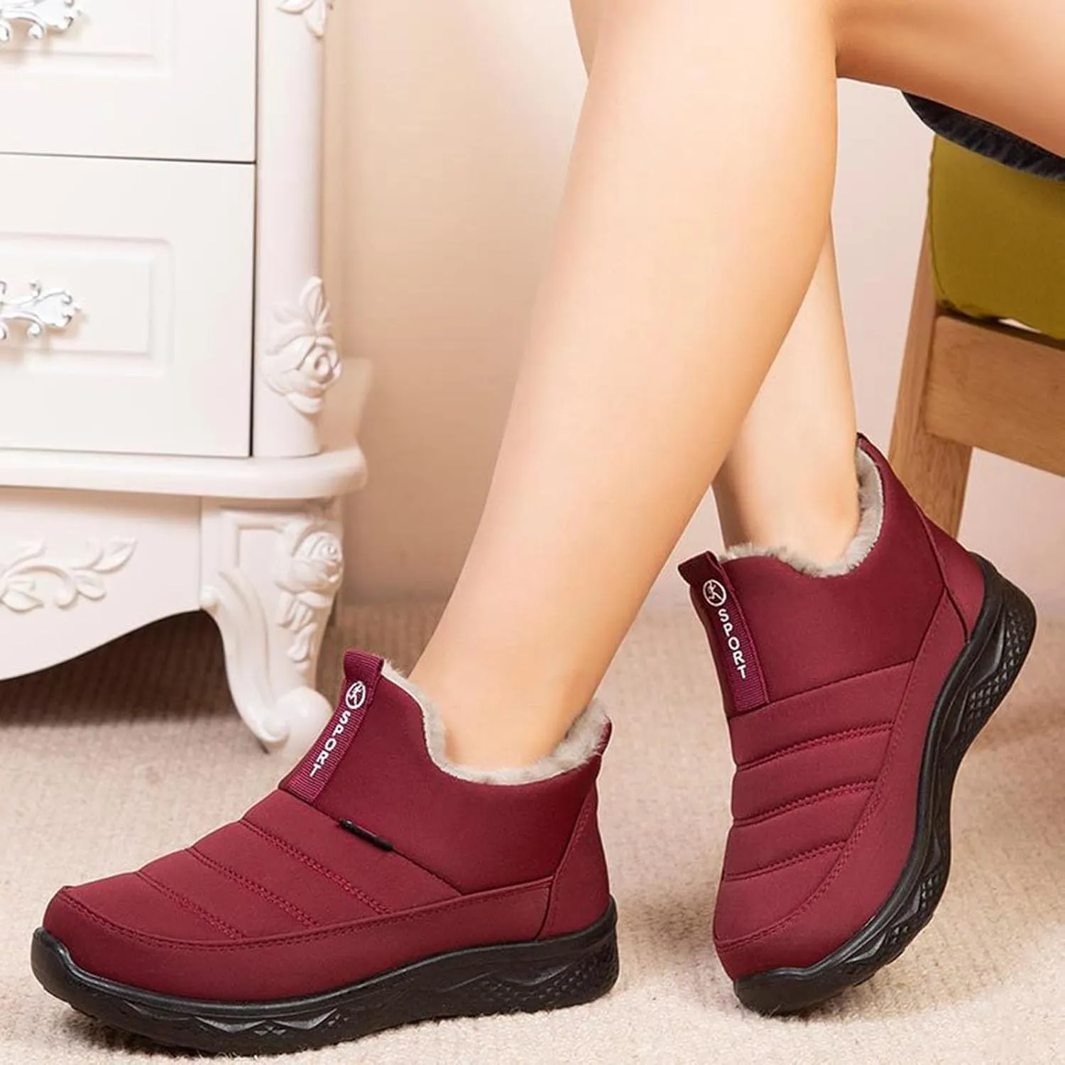 Womens Snow Boots Waterproof Ankle Fur Lined Booties Slip On Warm Insulated Boot Comfortable Short Boots Lightweight