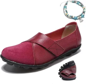 womens suede leather loafers orthopedic loafers breathable leather slip on soft flat wide fit nursing shoes, Burgundy, 9 AU