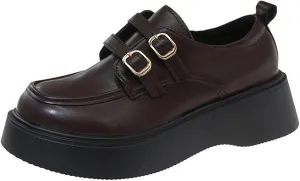 Women's Vintage Leather Loafers Spring Fashion Metal Buckle Flat Shoes for Skirts - Stylish Ladies Leather Flats