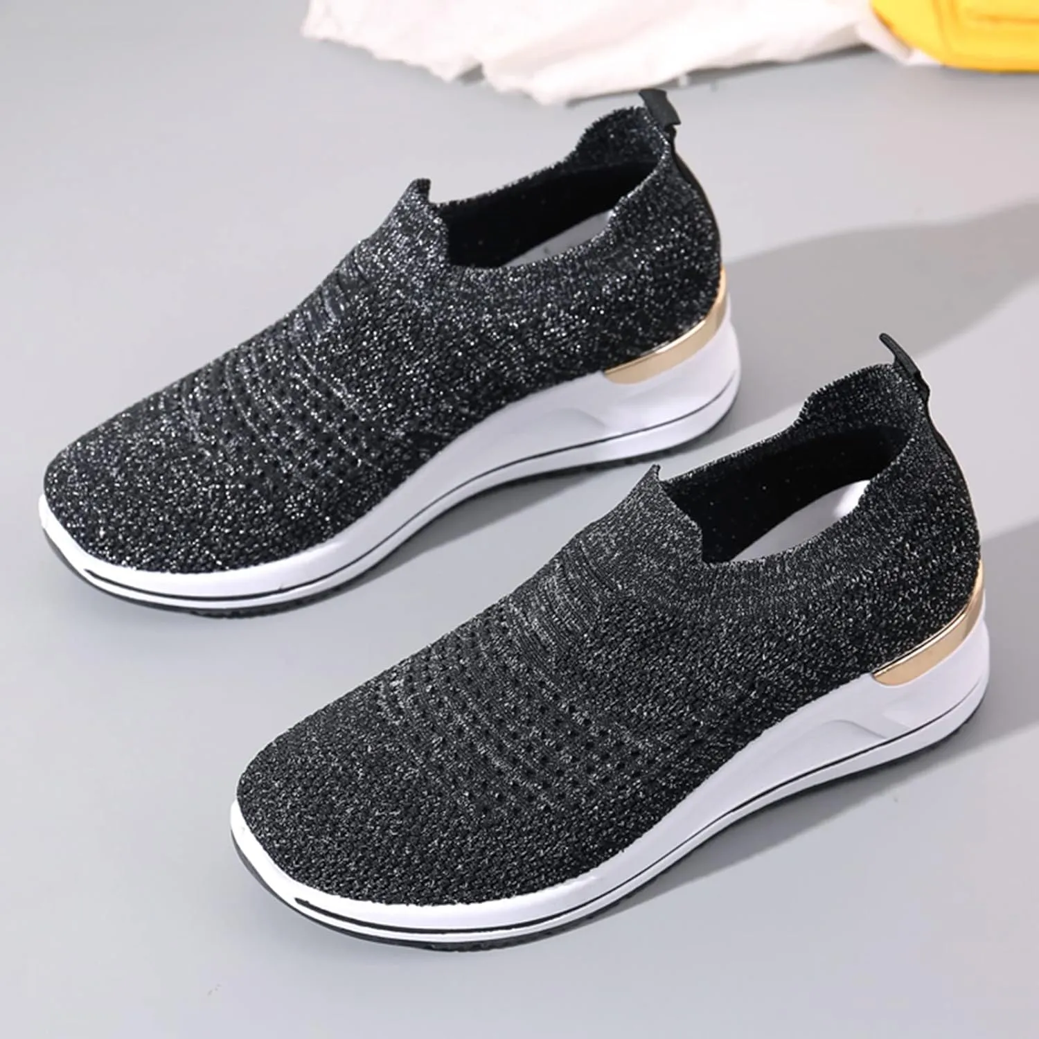 Women’s Walking Shoes Elastic Fly Woven Mesh Shoes Breathable Comfortable Wedge Shoes Arch Support Shoes
