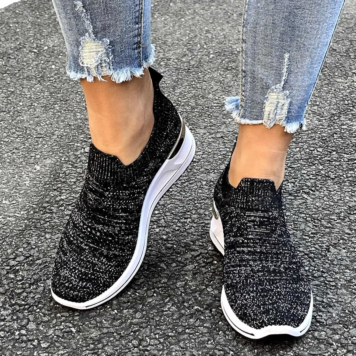 Women’s Walking Shoes Elastic Fly Woven Mesh Shoes Breathable Comfortable Wedge Shoes Arch Support Shoes