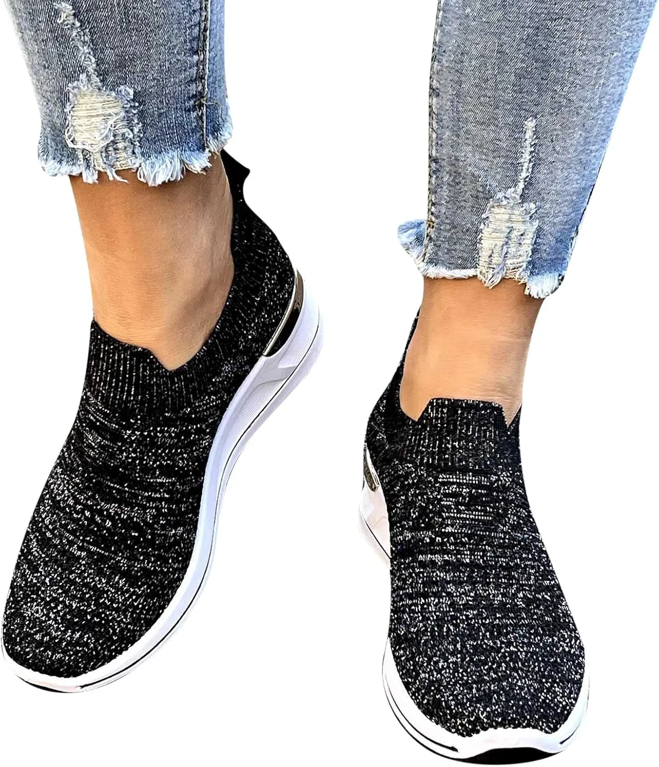 Women’s Walking Shoes Elastic Fly Woven Mesh Shoes Breathable Comfortable Wedge Shoes Arch Support Shoes