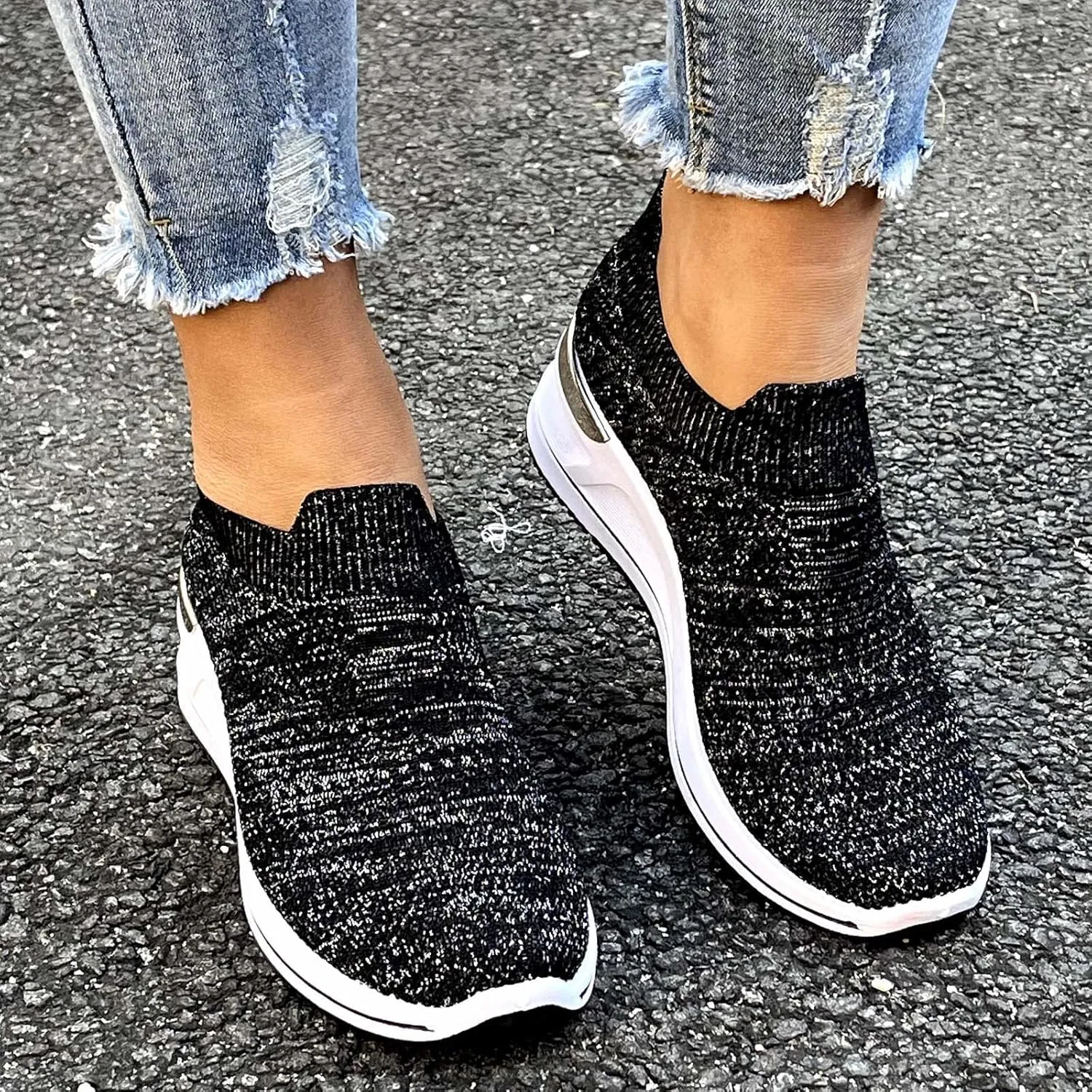 Women’s Walking Shoes Elastic Fly Woven Mesh Shoes Breathable Comfortable Wedge Shoes Arch Support Shoes